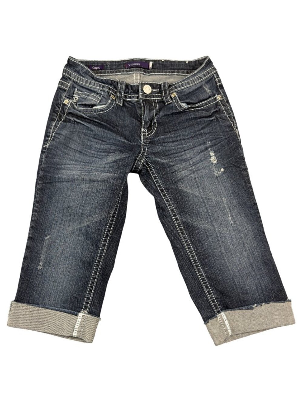 Vigoss Capri Jeans Womens Size 0 Rolled Cuff Distressed Stretch Blue Denim
